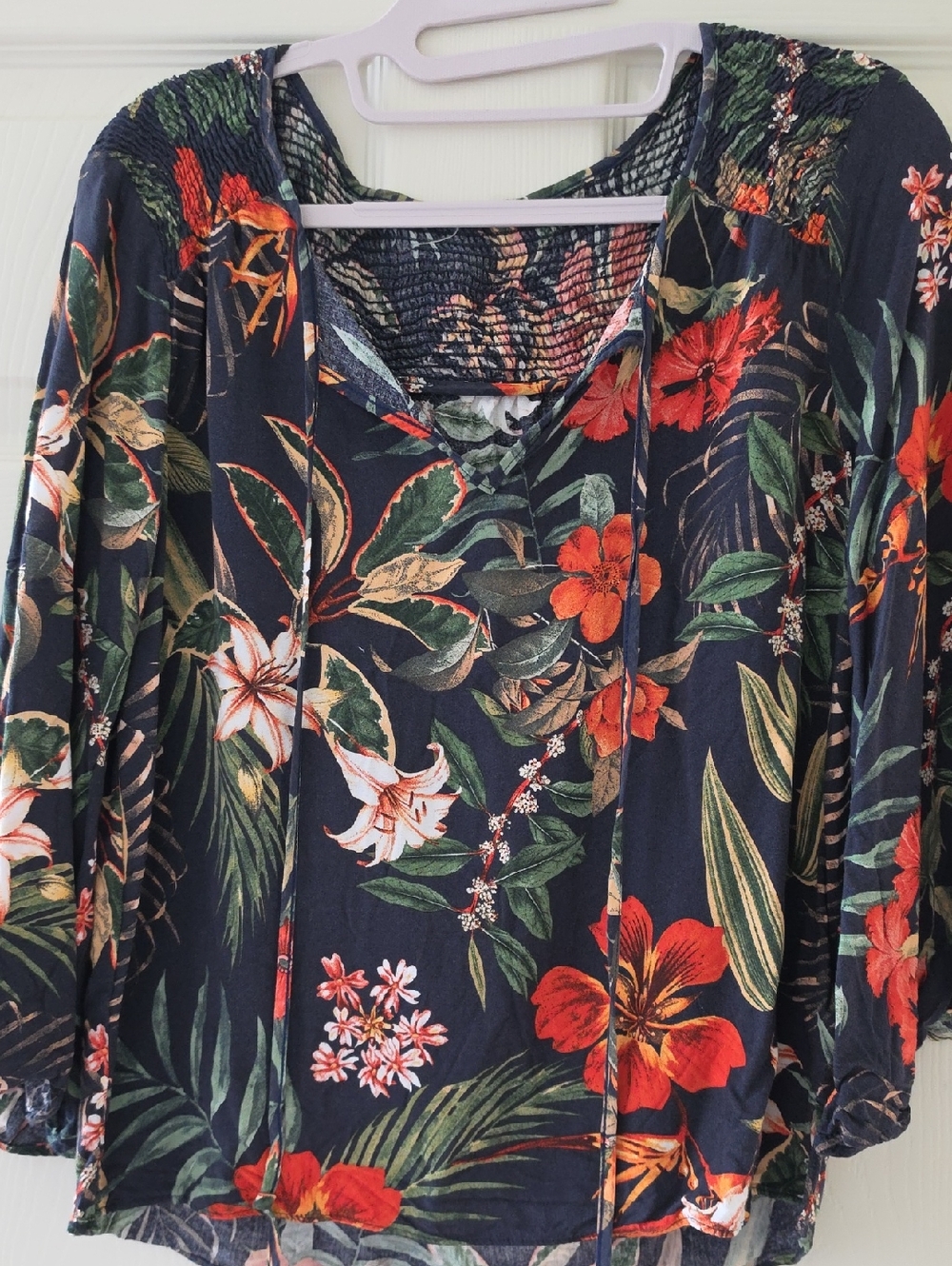 Women's Navy Floral Peasant Blouse - Navy with Red & Green Floral